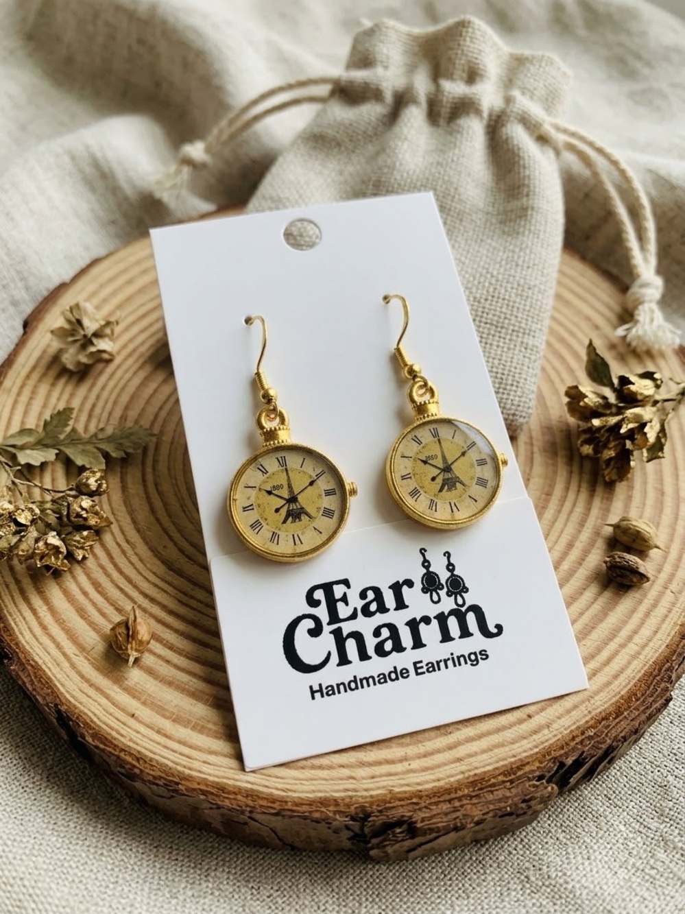 Gold Eiffel Tower Clock Dangle Earrings